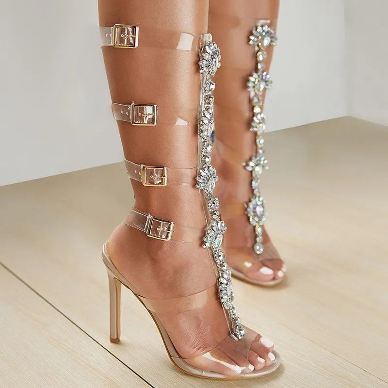 Women's rhinestone clear strappy gladiator sandals boots