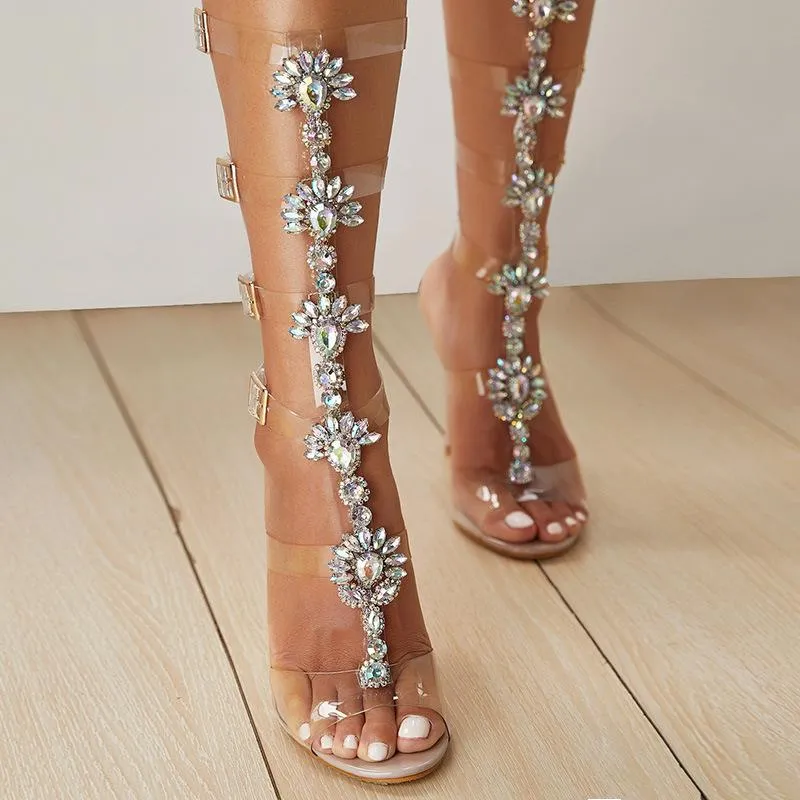 Women's rhinestone clear strappy gladiator sandals boots