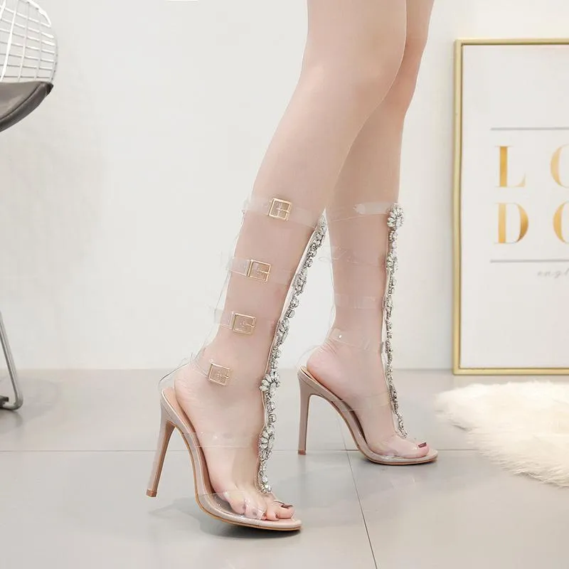 Women's rhinestone clear strappy gladiator sandals boots