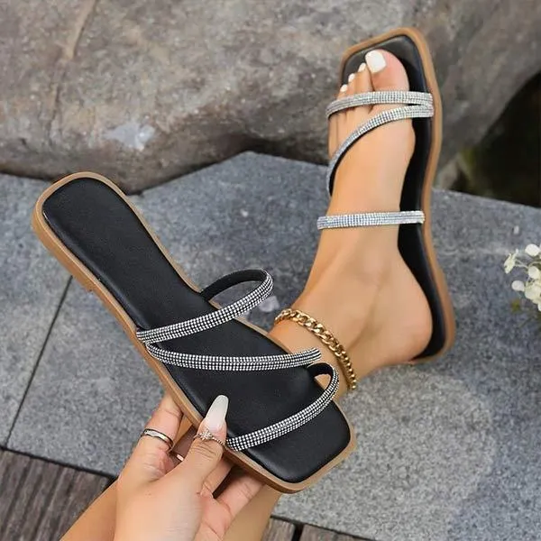 Women's Rhinestone Open-Toe Square Head Flat Sandals 32993307C